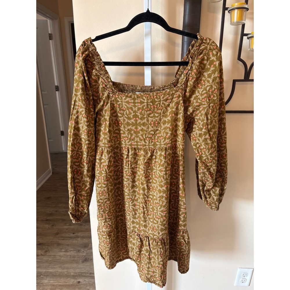 Universal Thread Olive Green Floral Smocked Back Mini Dress Long Sleeve Large